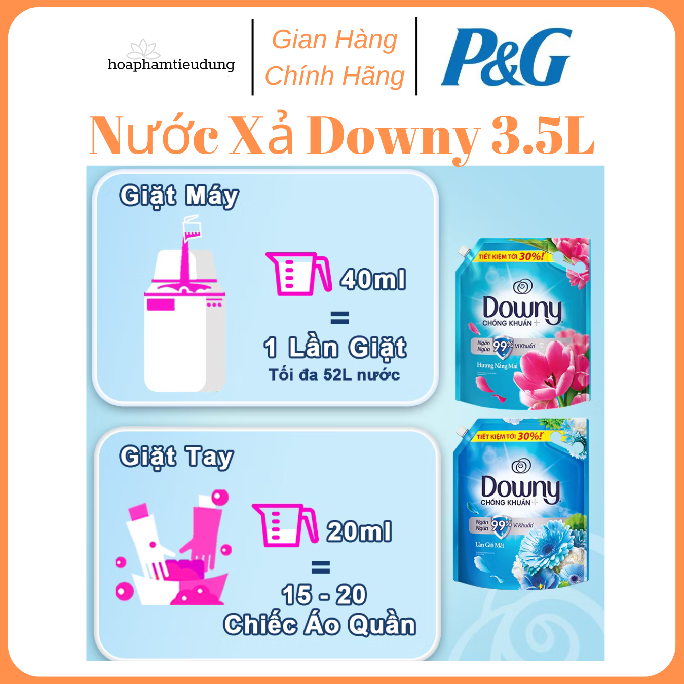 Nước Xả DOWNY Tinh Dầu Thiên Nhiên/ Nước Hoa Cao Cấp/ Chống Khuẩn Nhiều Mùi Hương Túi 3.5L