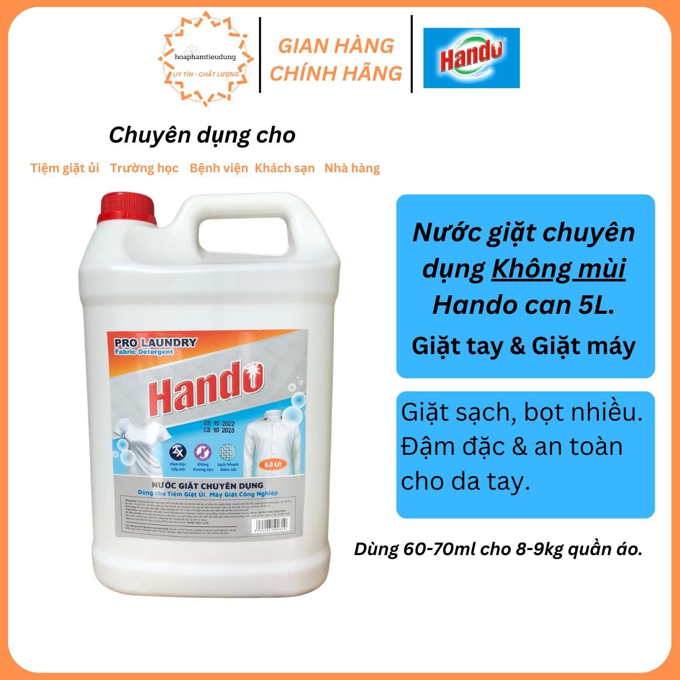 Nước giặt chuyên dụng Hando đậm đặc, không hương & hương đào 5L