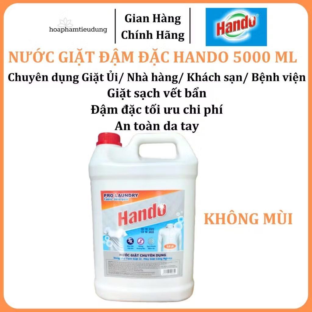 Nước giặt chuyên dụng Hando đậm đặc, không hương & hương đào 5L chuyên dụng NH KS Giặt ủi Cafe BV Trường học