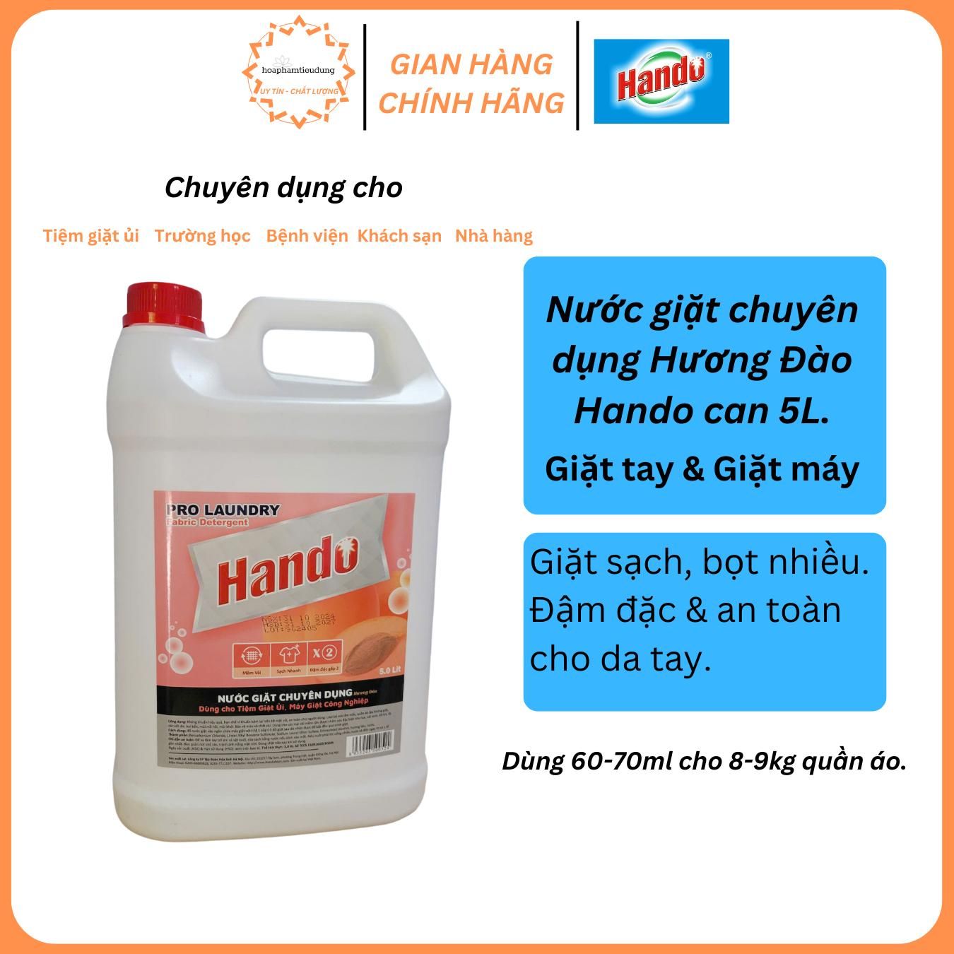 Nước giặt chuyên dụng Hando đậm đặc, không hương & hương đào 5L