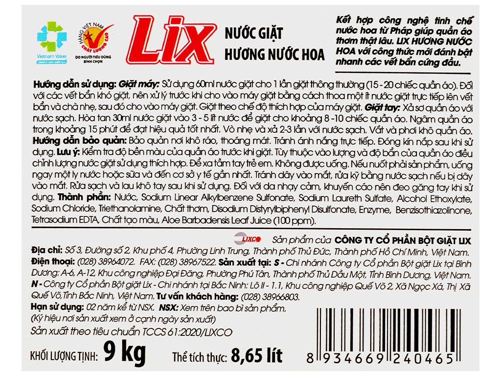 Nước giặt LIX Đậm Đặc Hương Nước Hoa 9Kg Làm Sạch Cực Nhanh Vết Bẩn