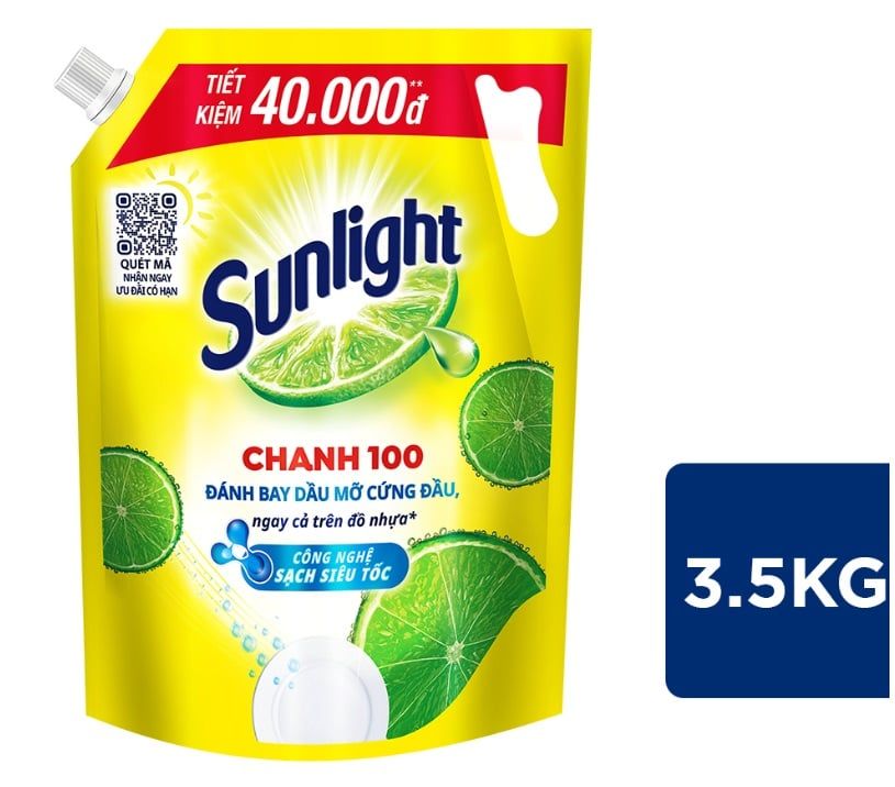 Nước rửa chén Sunlight chanh 100 mới đánh bay dầu mỡ cứng đầu túi 3.5kg