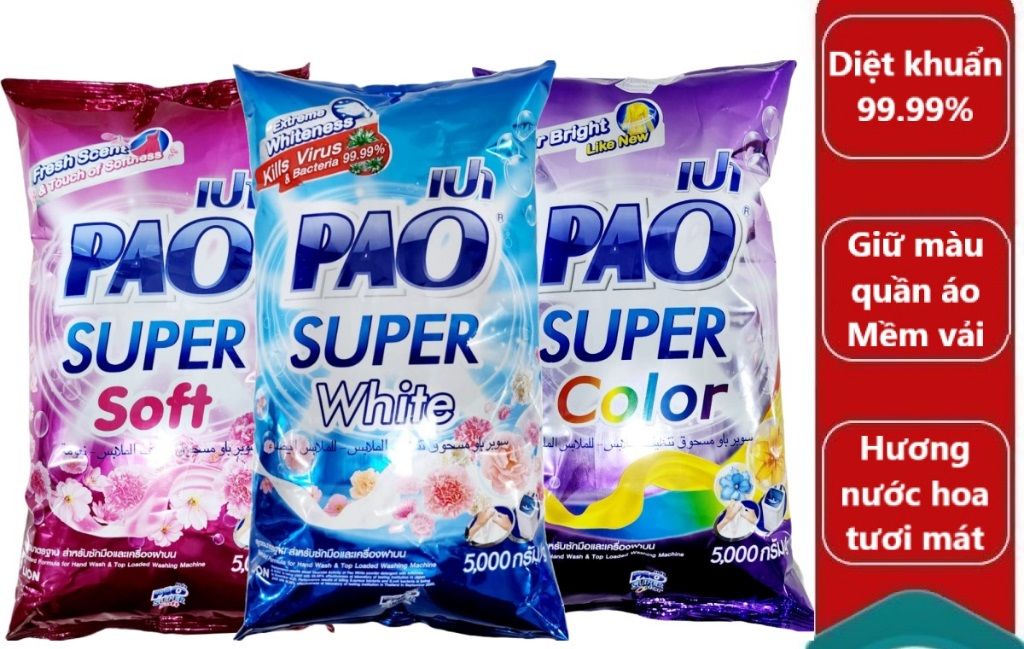 Bột giặt PAO 5kg Thái Lan - Xanh, Hồng, Tím - Diệt khuẩn, Giữ quần áo trắng sáng, Làm mềm vải, Lưu hương nước hoa lâu