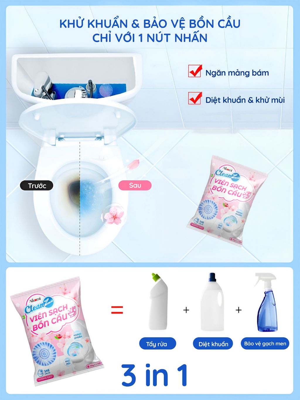 Viên thả bồn cầu CleanZ sạch khuẩn thơm mát tẩy sạch mảng bám khử mùi diệt vi khuẩn toilet thế hệ mới hương đào 50g