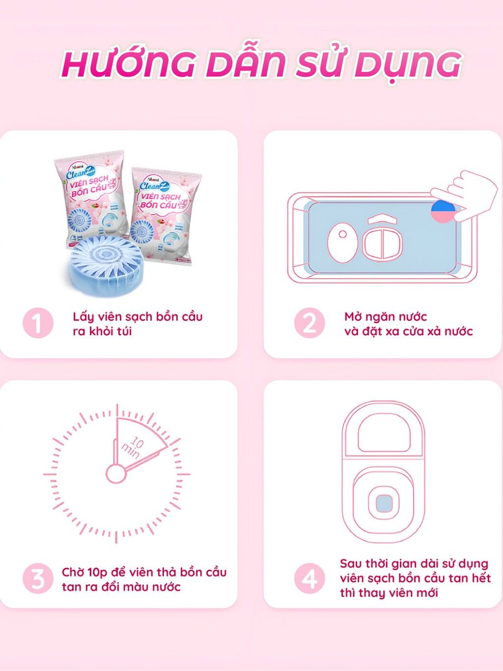 Viên thả bồn cầu CleanZ sạch khuẩn thơm mát tẩy sạch mảng bám khử mùi diệt vi khuẩn toilet thế hệ mới hương đào 50g