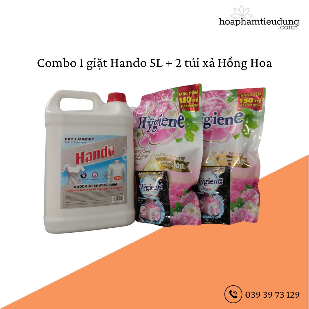 (Combo 1 Giặt + 2 Xả) Giặt Hando 5L & Xả Hygiene 1.3L lưu hương dài lâu, làm sạch vết bẩn và siêu tiết kiệm xà phòng giặt quần áo