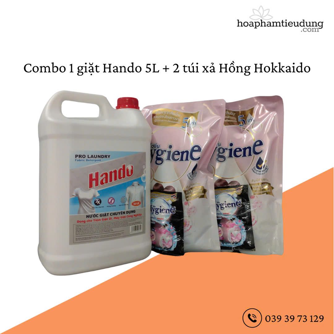 (Combo 1 Giặt + 2 Xả) Giặt Hando 5L & Xả Hygiene 1.3L lưu hương dài lâu, làm sạch vết bẩn và siêu tiết kiệm xà phòng giặt quần áo