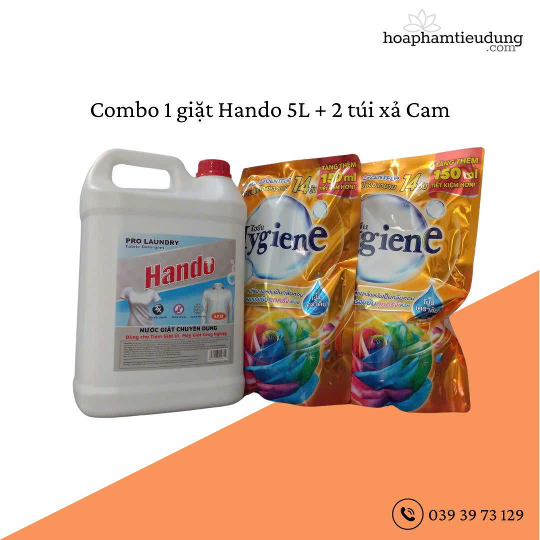 (Combo 1 Giặt + 2 Xả) Giặt Hando 5L & Xả Hygiene 1.3L lưu hương dài lâu, làm sạch vết bẩn và siêu tiết kiệm xà phòng giặt quần áo