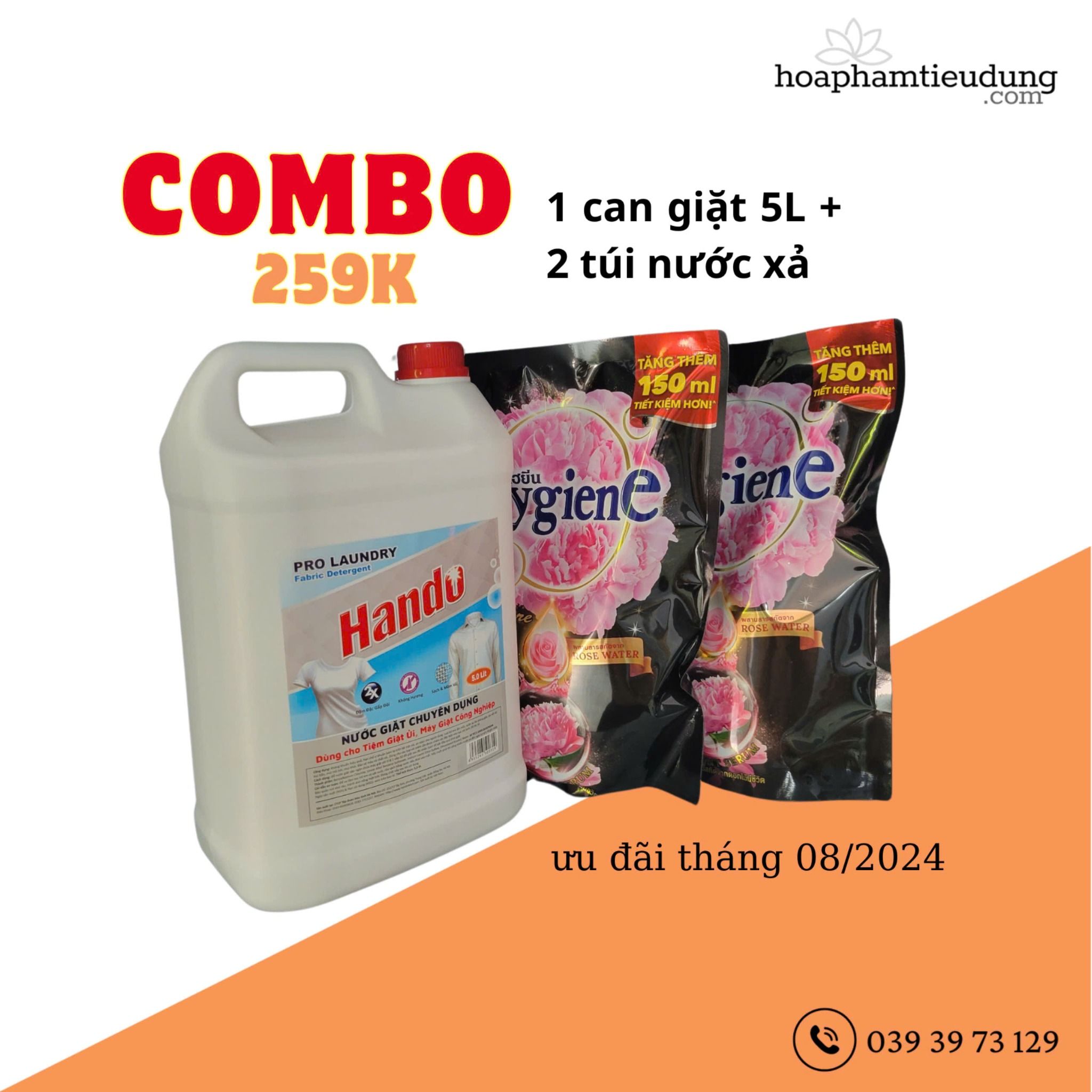 (Combo 1 Giặt + 2 Xả) Giặt Hando 5L & Xả Hygiene 1.3L lưu hương dài lâu, làm sạch vết bẩn và siêu tiết kiệm xà phòng giặt quần áo
