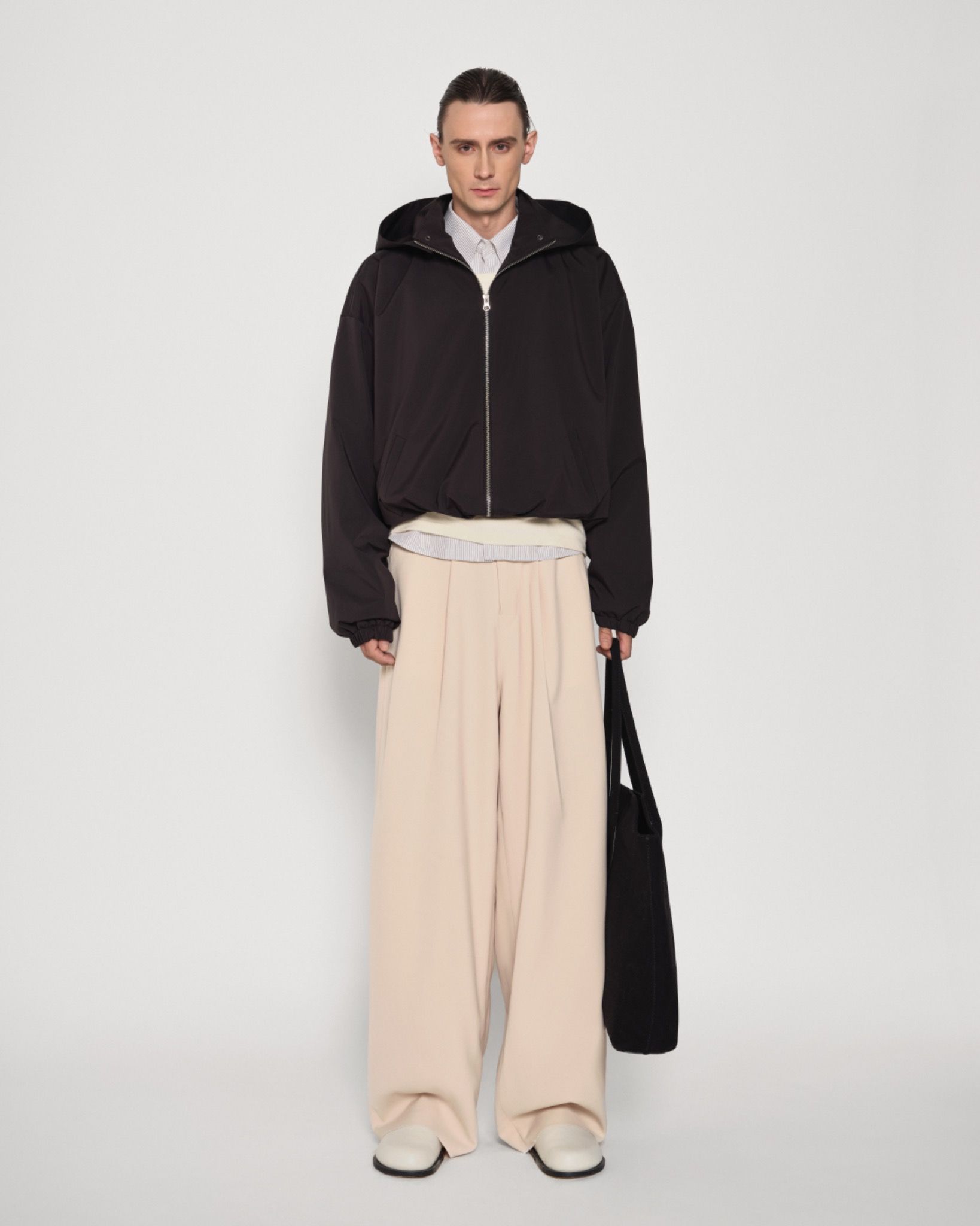 CREAM CLEAN-WAIST WIDE TROUSERS