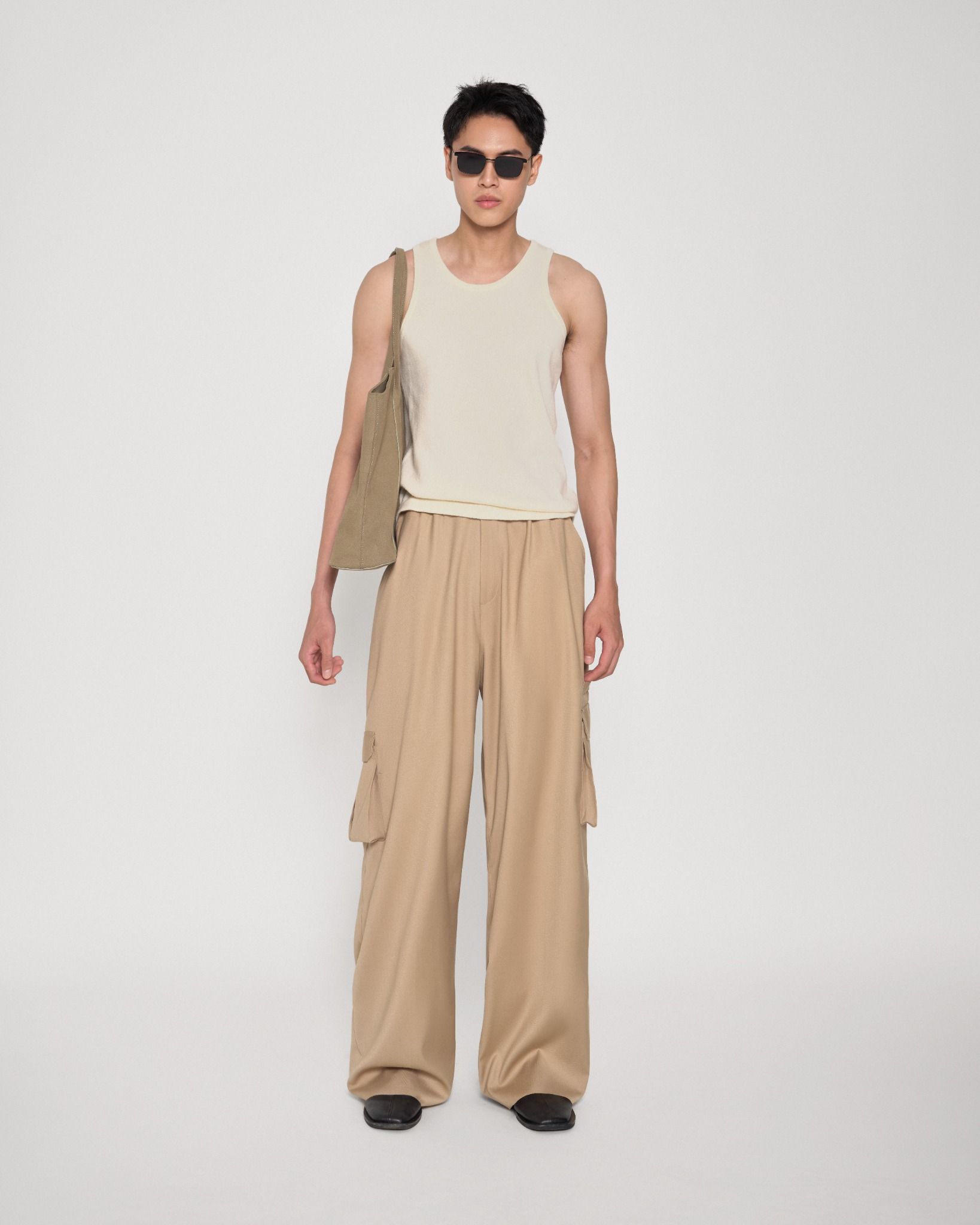 BEIGE WOOL BLEND CARGO PANTS