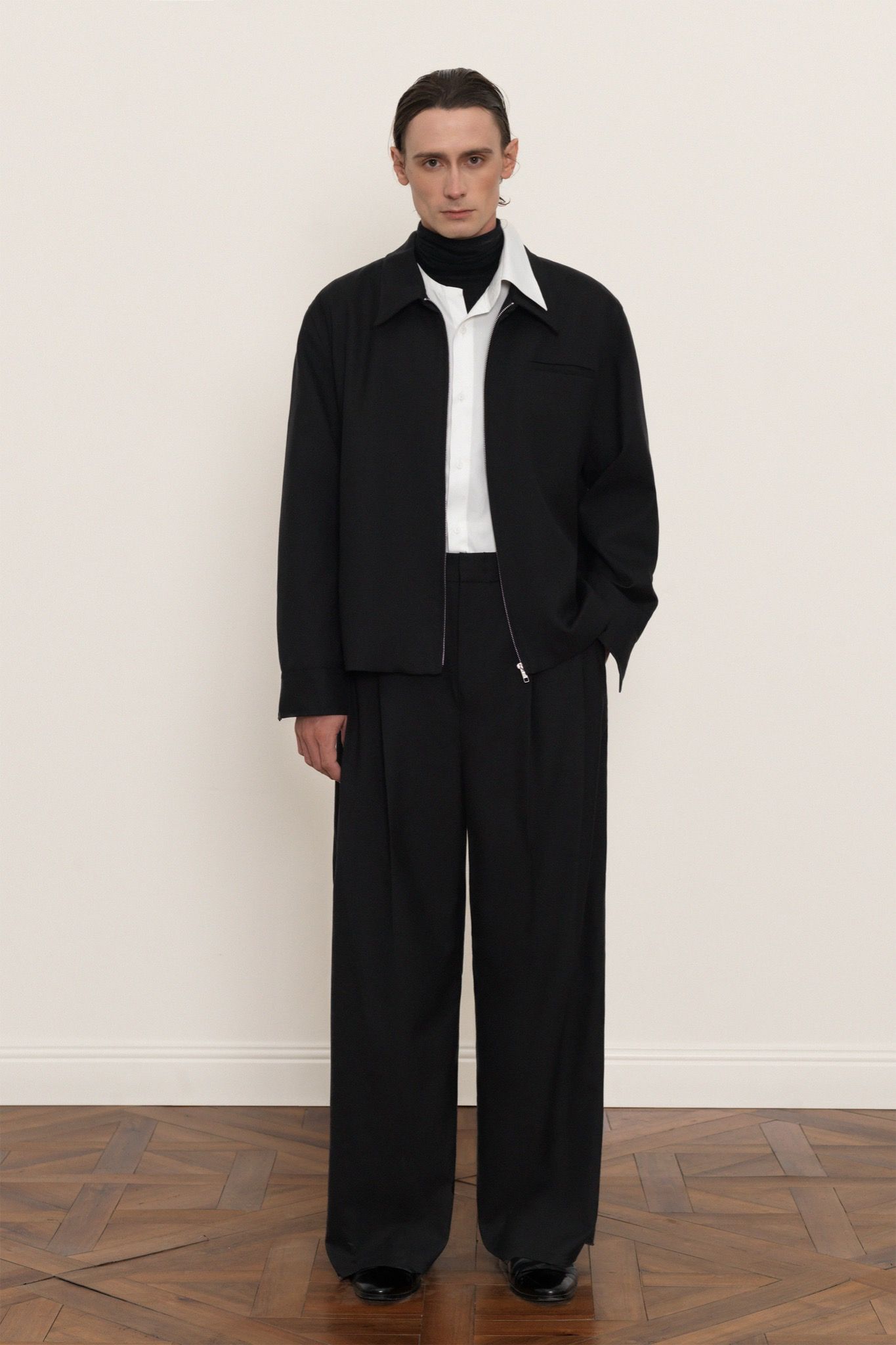BLACK ZIP-UP VISCOSE WOOL JACKET