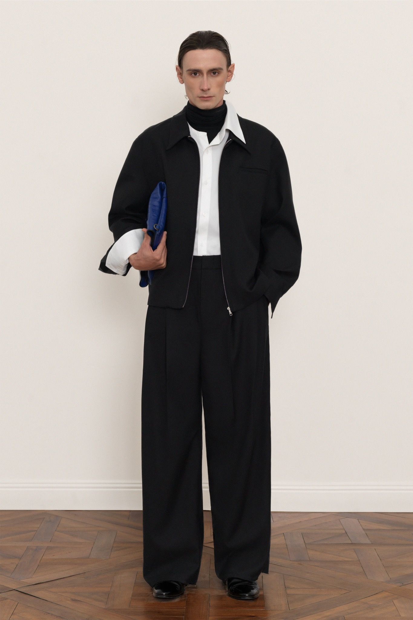 BLACK ZIP-UP VISCOSE WOOL JACKET