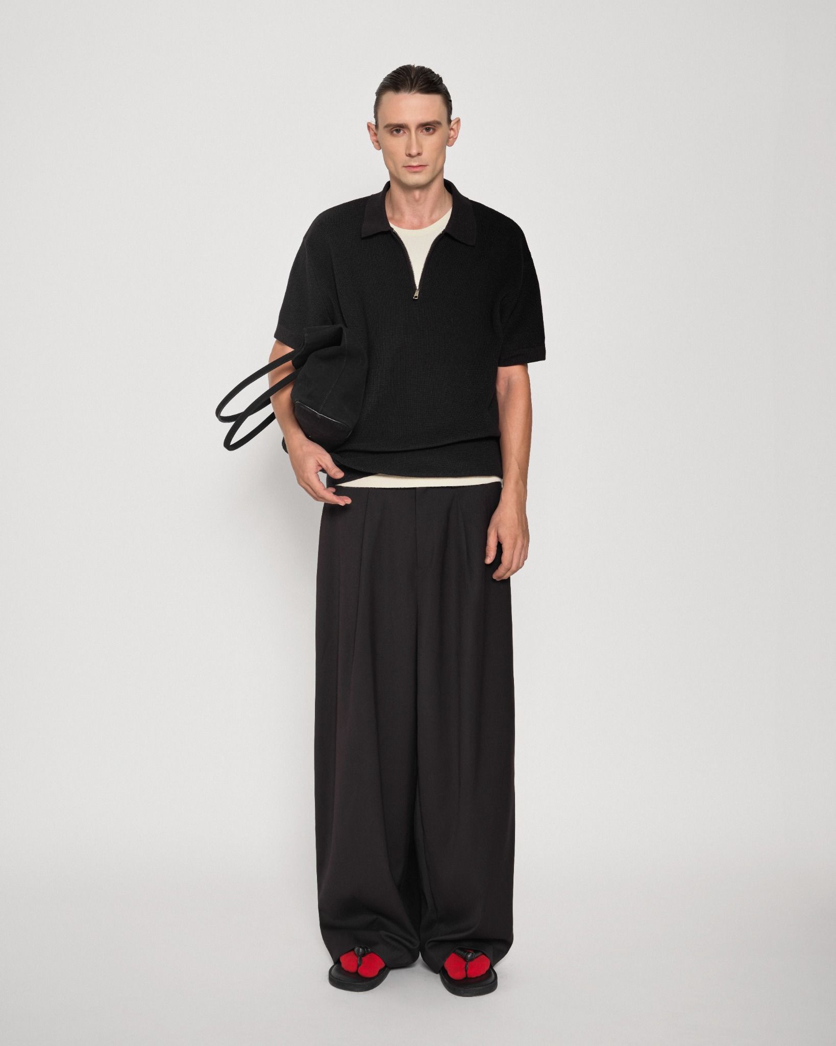 BLACK KNIT HALF-ZIP POLO