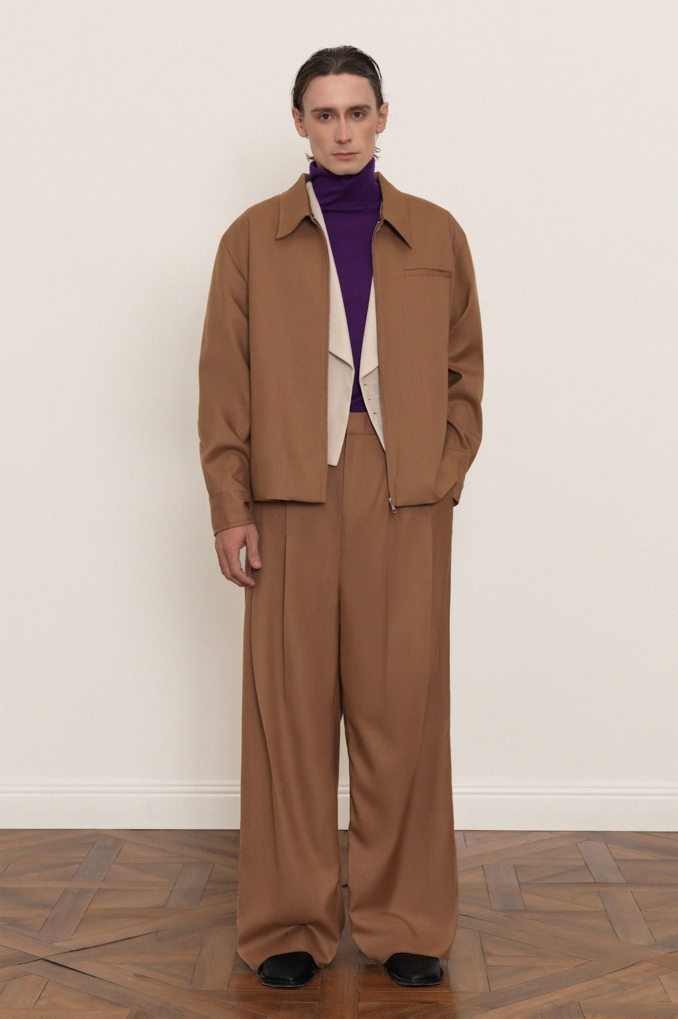 BROWN ZIP-UP VISCOSE WOOL JACKET