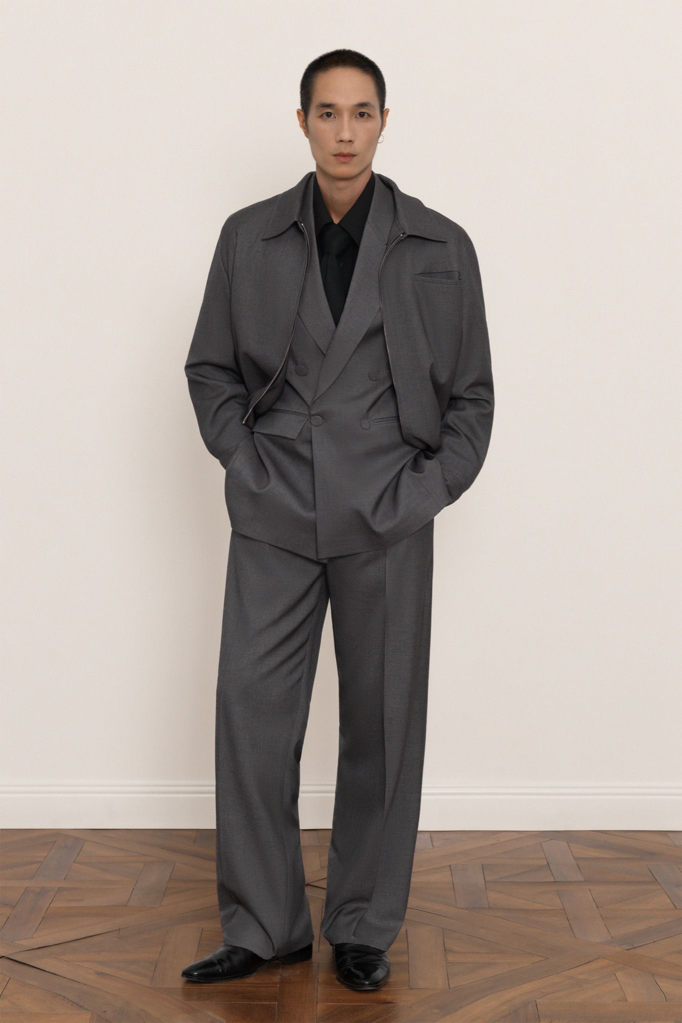 GREY ZIP-UP VISCOSE WOOL JACKET