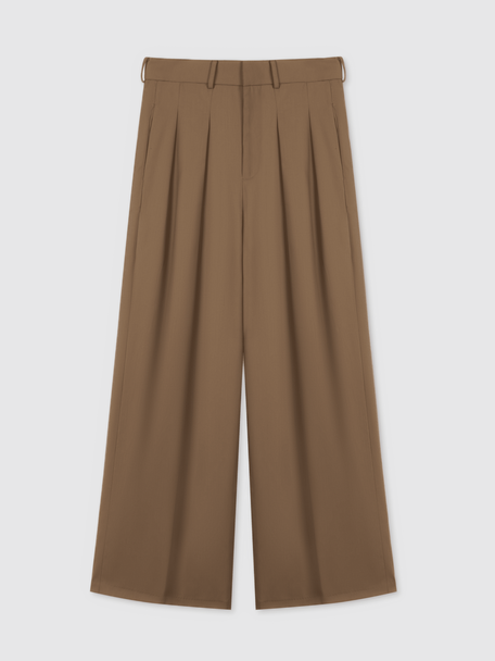 BROWN WOOL BLEND WIDE LEG TROUSERS