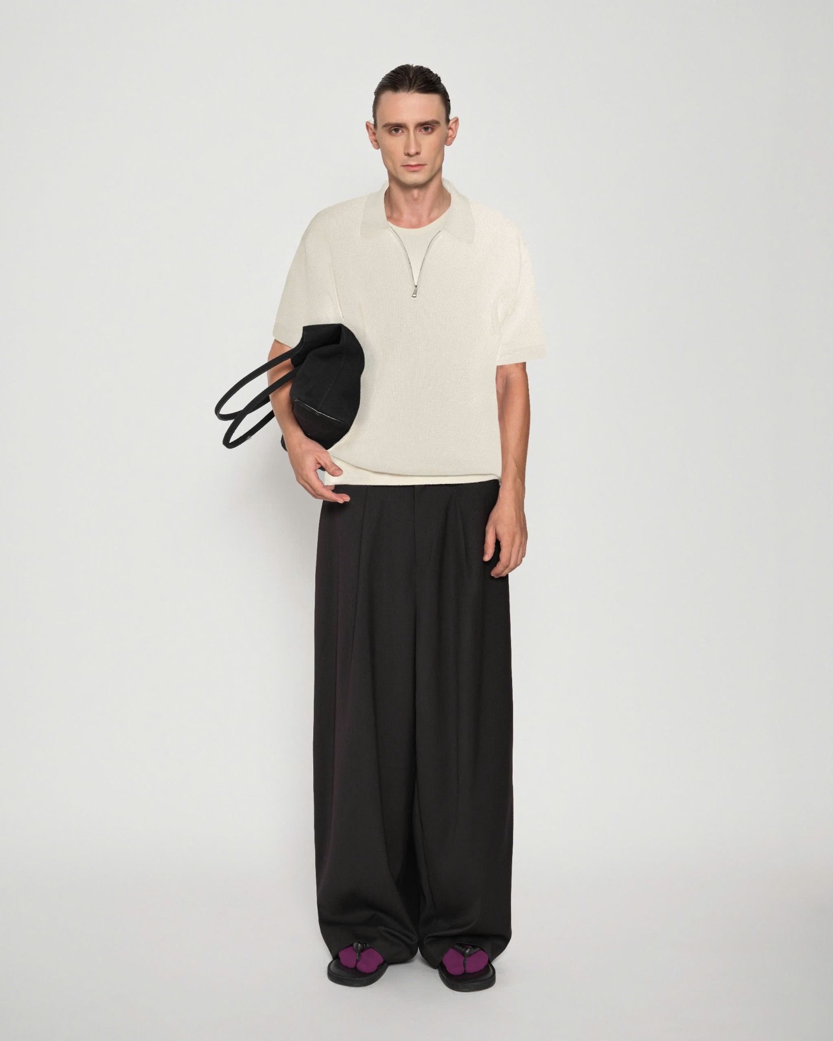 CREAM KNIT HALF-ZIP POLO