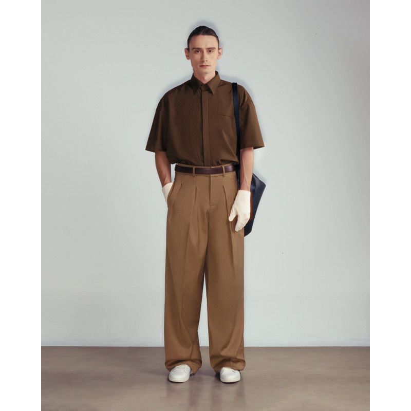 BROWN WOOL BLEND WIDE LEG TROUSERS