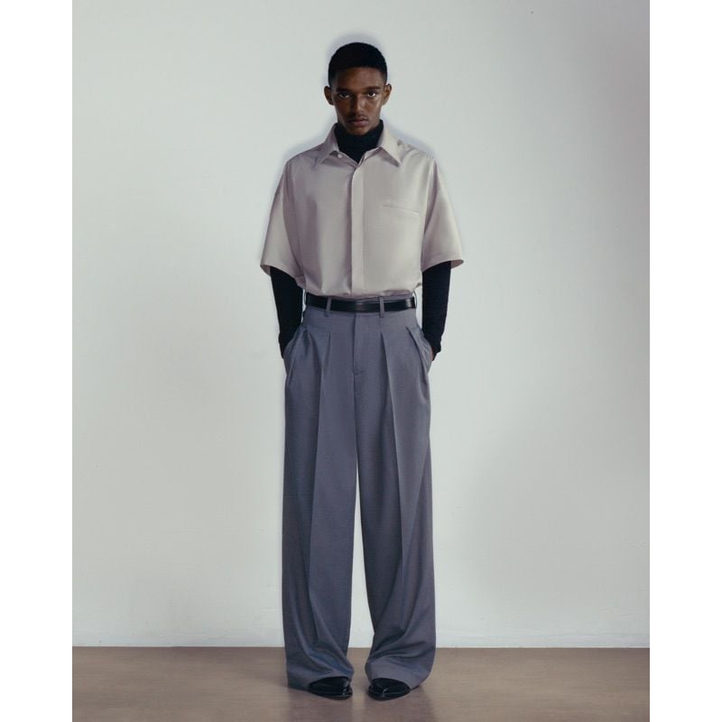GREY WOOL BLEND WIDE LEG TROUSERS
