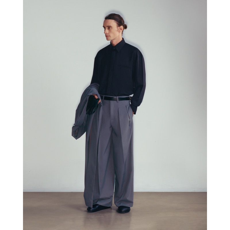 GREY WOOL BLEND WIDE LEG TROUSERS