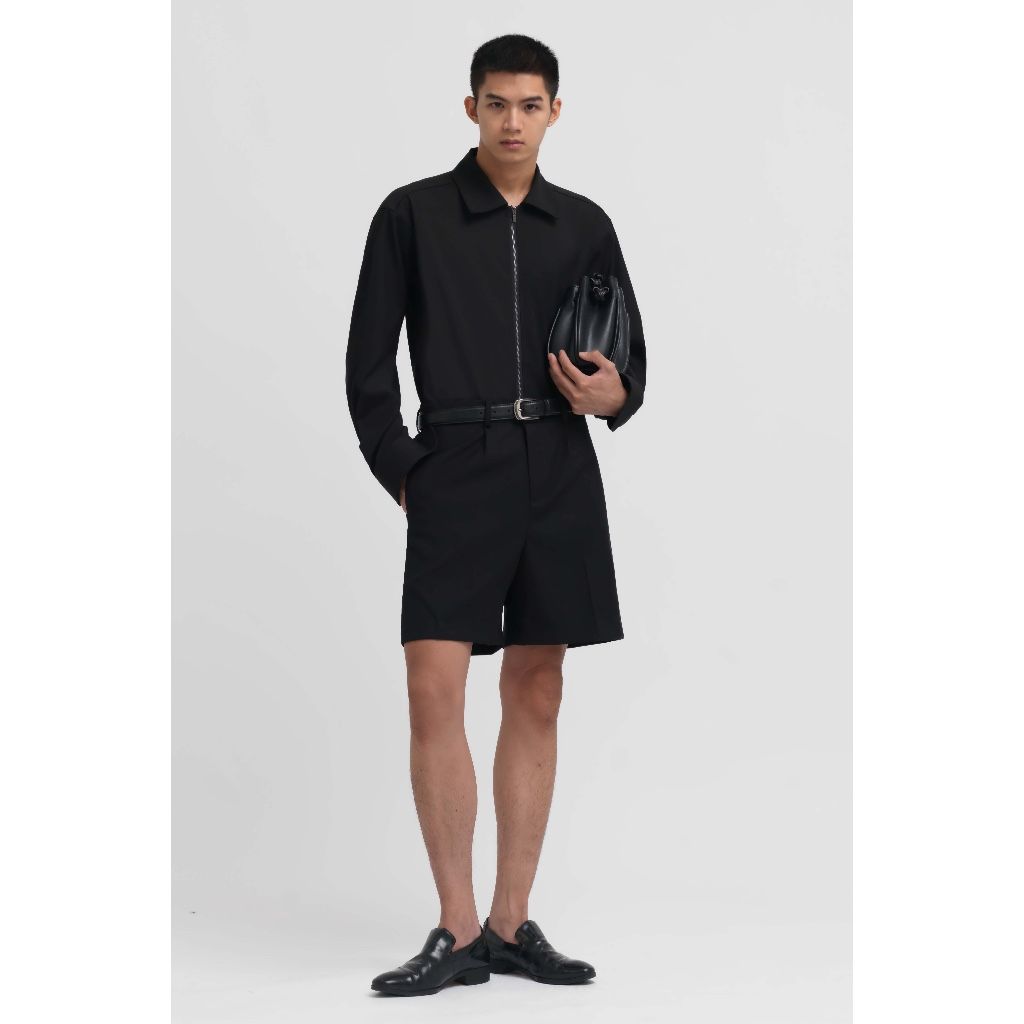 BLACK WOOL BLEND ZIP SHIRT