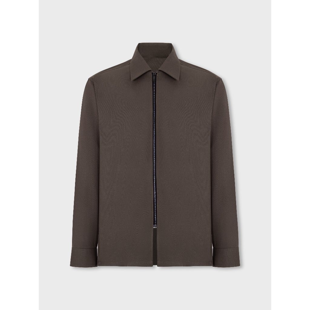 BEIGE GREY WOOL BLEND ZIP SHIRT