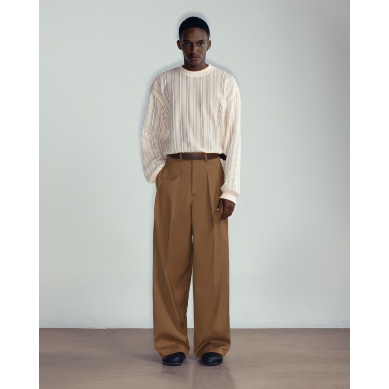 BROWN WOOL BLEND WIDE LEG TROUSERS
