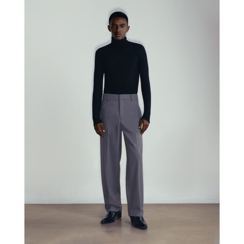 GREY WOOL BLEND STRAIGHT LEG TROUSERS