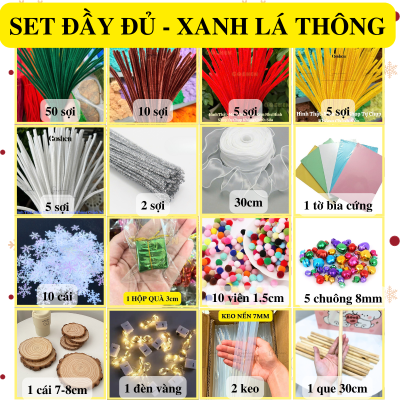 Set Nguyên Liệu Làm Cây Thông Kẽm Nhung Đầy Đủ Phụ Kiện Trang Trí