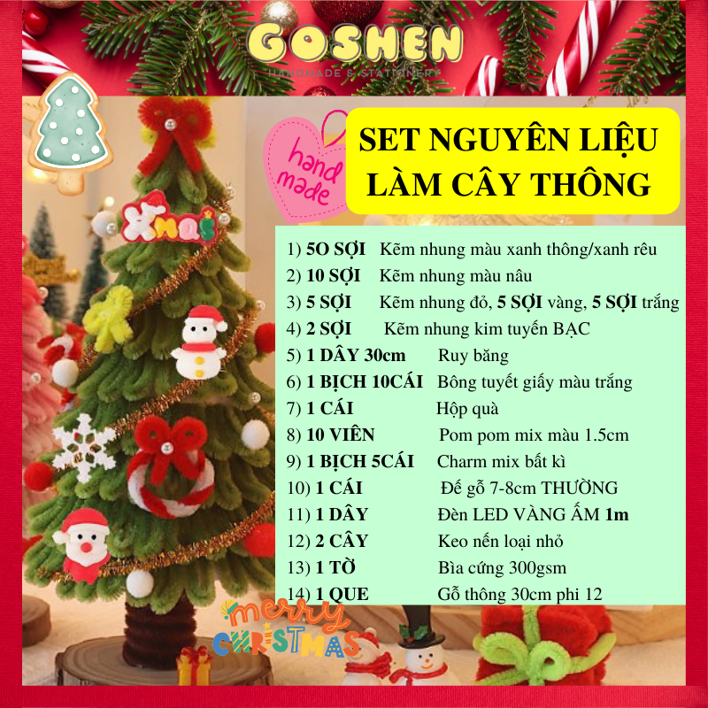 Set Nguyên Liệu Làm Cây Thông Kẽm Nhung Đầy Đủ Phụ Kiện Trang Trí