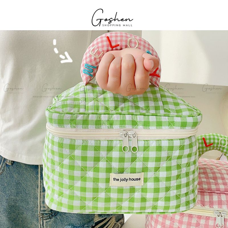 Túi Đựng Đồ Trang Điểm Mỹ Phẩm Du Lịch Họa Tiết Caro Dễ Thương
