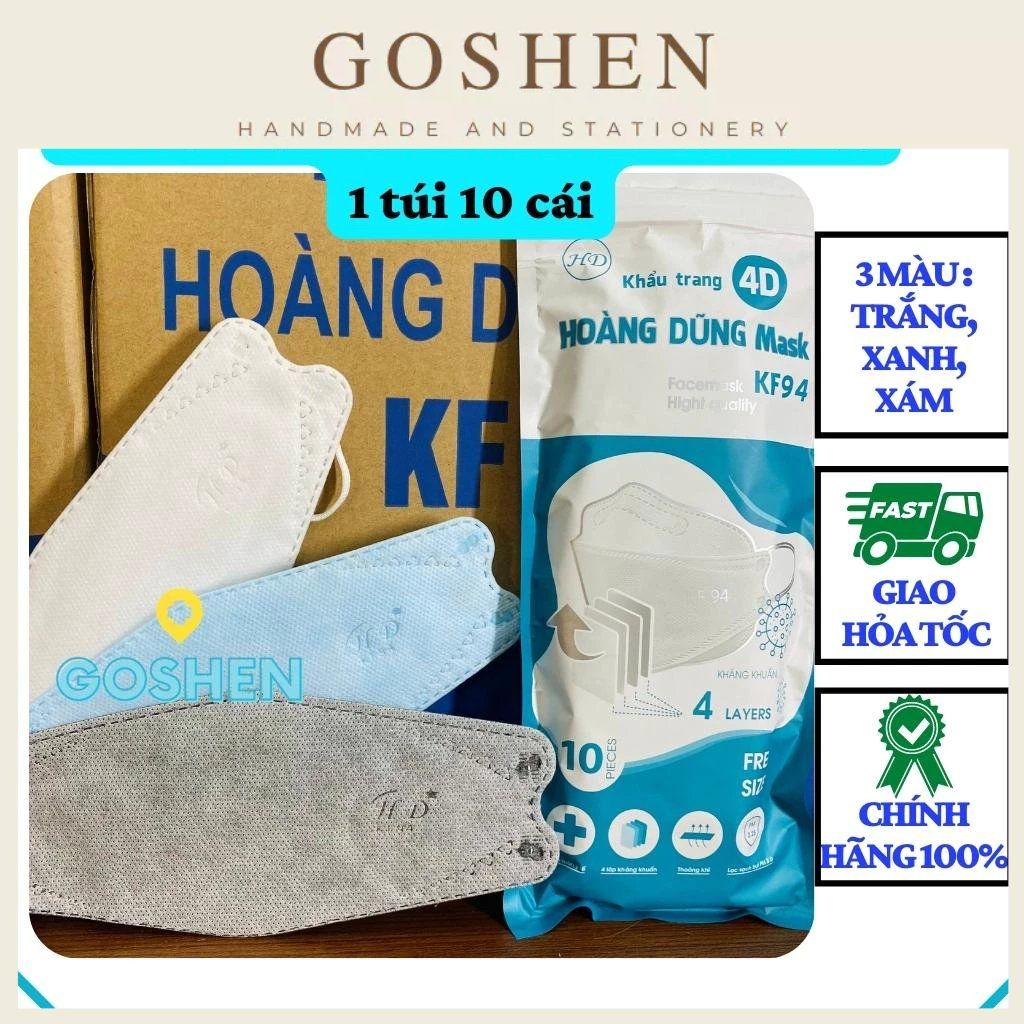 (1 túi 10 cái) Khẩu Trang Kháng Khuẩn 4D Hoàng Dũng Mask KF94
