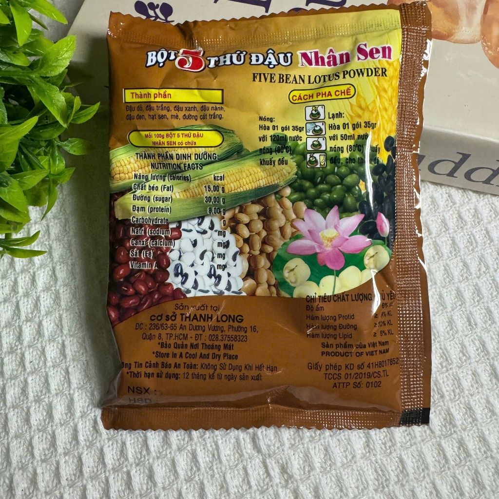 Bột 5 Thứ Đậu Nhân Sen NGUYÊN CHẤT Thanh Long Uống Liền Lotus Bean Mix Powder 10 gói x35gr