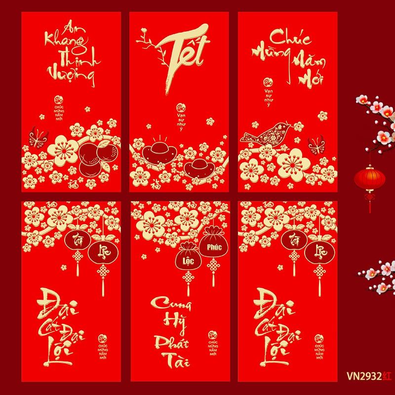 Set 6 Bao Lì Xì Tết 2025 Đỏ Vàng Ép Kim 3D Loại Đẹp