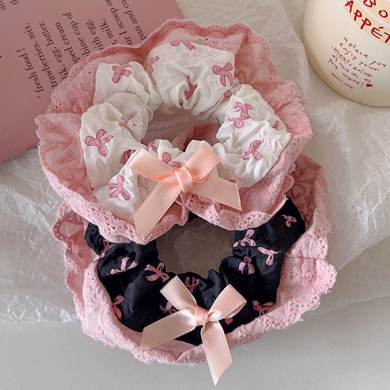 Buộc Tóc Scrunchies Nơ Đen Hồng Xinh Xắn Hàn Quốc
