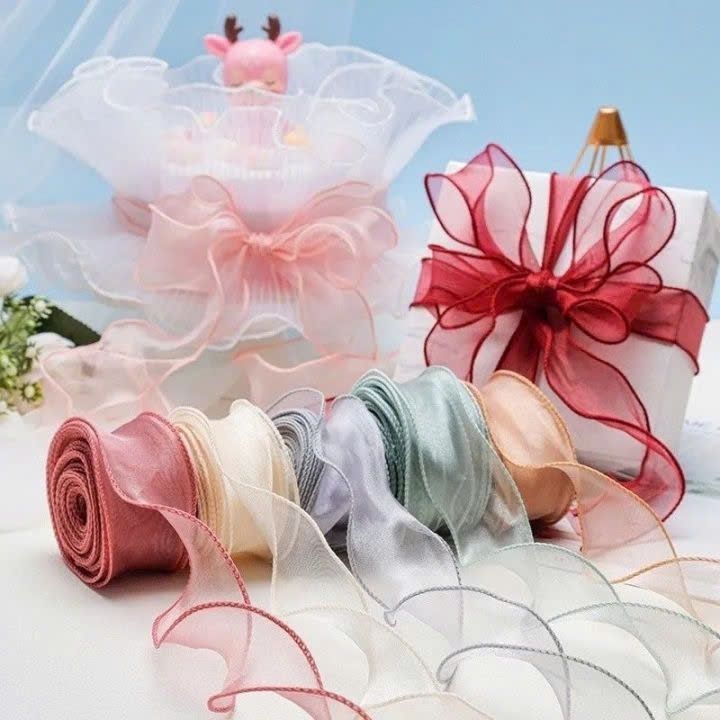 (4cm x Dài 4m) Cuộn Ruy Băng Voan Viền Sóng và Ánh Galaxy, Màu Sắc Trẻ Trung Thắt Nơ,Bó Hoa,Trang Trí Hộp Quà