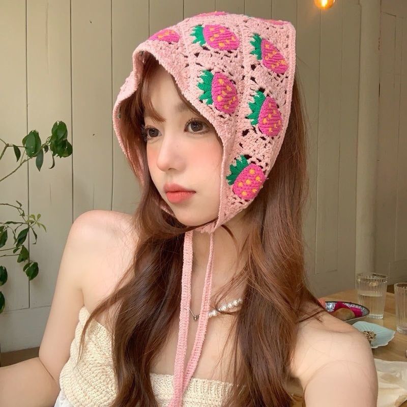 Băng Đô Khăn Tam Giác Len Móc Họa Tiết Dễ Thương