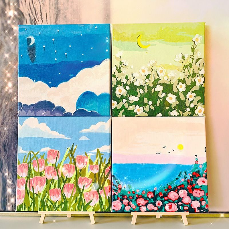 Tranh Tô Màu Số Hóa 20x20cm Mẫu Phong Cảnh Có Kèm Cọ Và Móc Treo
