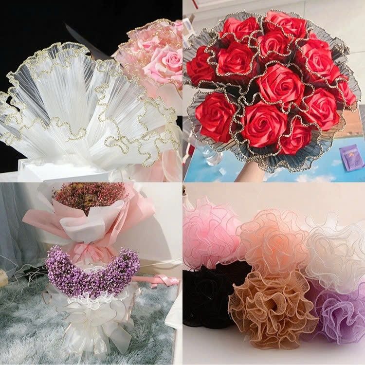 (28cm x Dài 4.5 Mét) Giấy Voan Gói Hoa Viền Ngọc 28cm Sóng Sợi Ren Lưới Bó Hoa Tiệc Quà Tặng