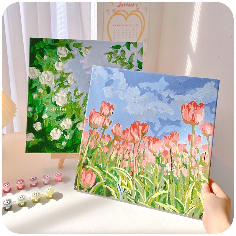 Tranh Tô Màu Số Hóa 20x20cm Mẫu Phong Cảnh Có Kèm Cọ Và Móc Treo