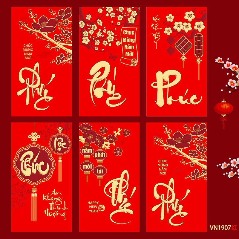 Set 6 Bao Lì Xì Tết 2025 Đỏ Vàng Ép Kim 3D Loại Đẹp