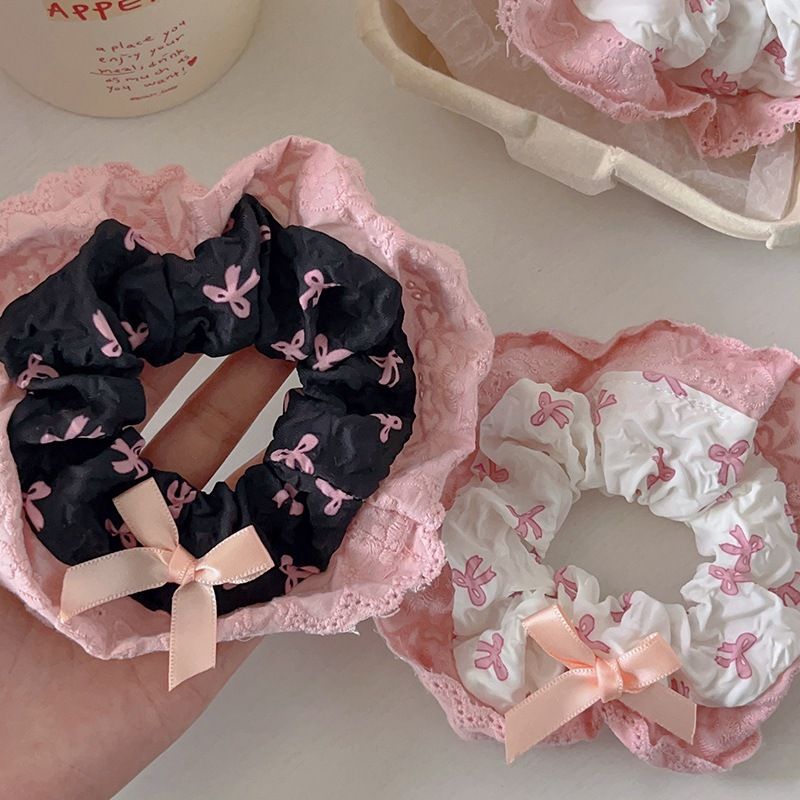 Buộc Tóc Scrunchies Nơ Đen Hồng Xinh Xắn Hàn Quốc