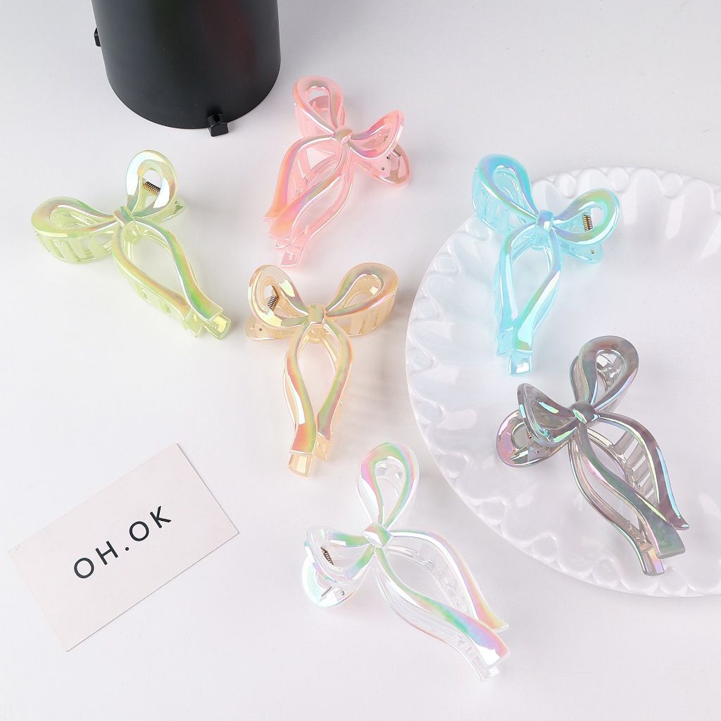 Kẹp 8cm-Hoa Sứ, Kẹp Tóc Càng Cua Hình Nơ Hologram Ngọt Ngào Phong Cách Hàn Quốc