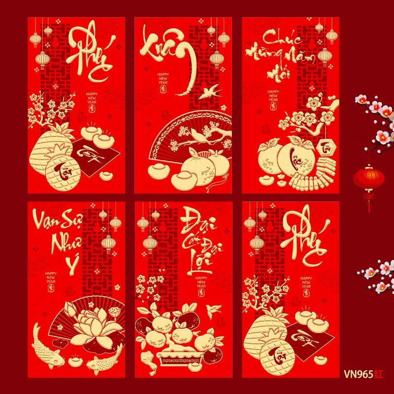 Set 6 Bao Lì Xì Tết 2025 Đỏ Vàng Ép Kim 3D Loại Đẹp