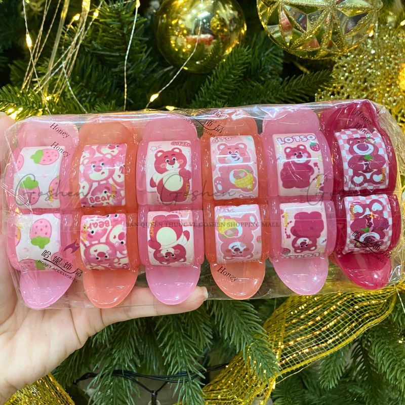(Nhựa Xịn) Kẹp Tóc Càng Cua 3 Răng 6 Răng Honey, Mica Gấu Dâu, Có Charm 3D