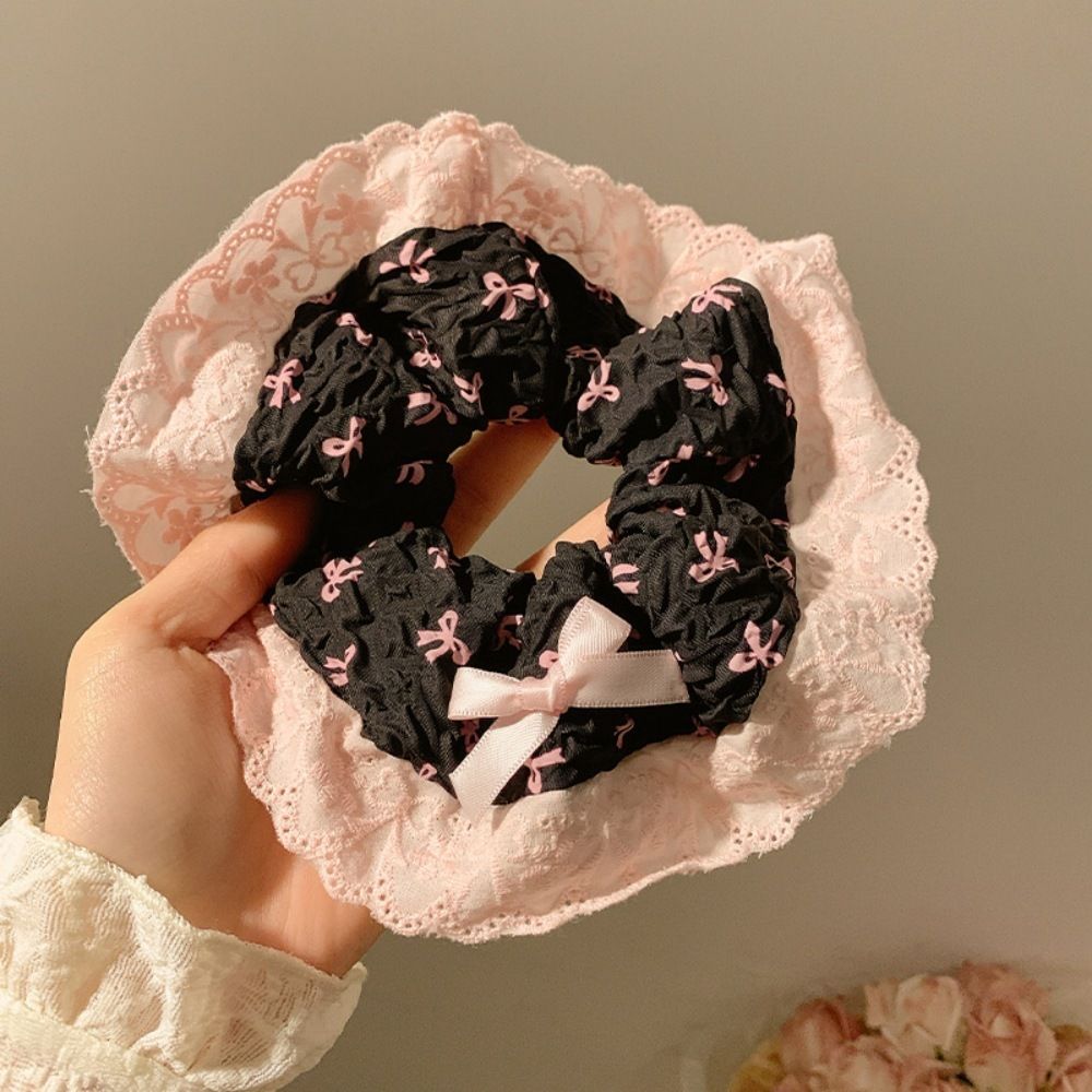 Buộc Tóc Scrunchies Nơ Đen Hồng Xinh Xắn Hàn Quốc