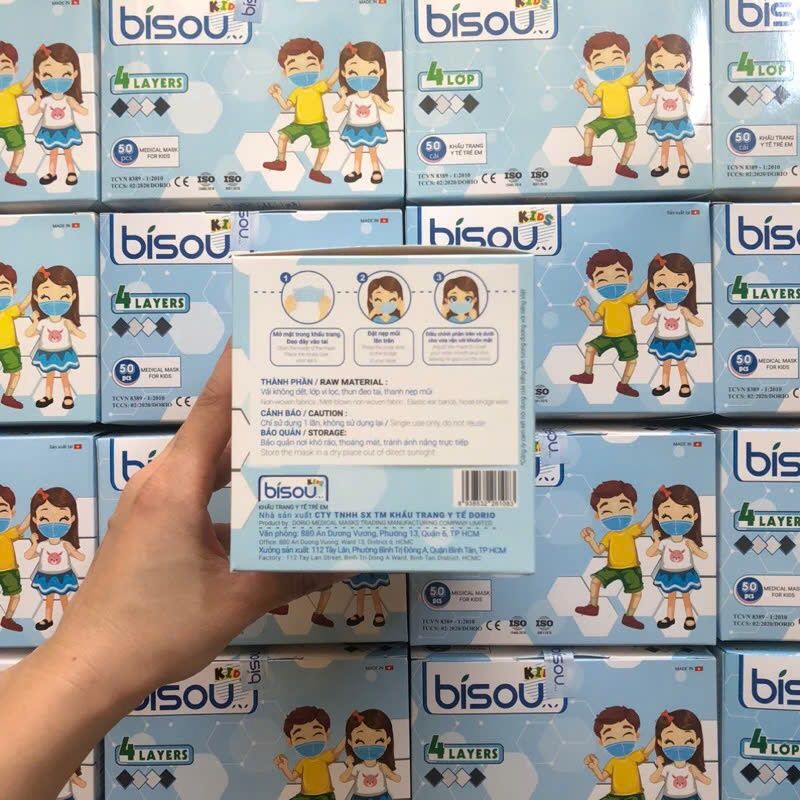 Hộp 50 khẩu trang y tế Bisou trẻ em 4-10 tuổi 4 lớp kháng khuẩn cao cấp