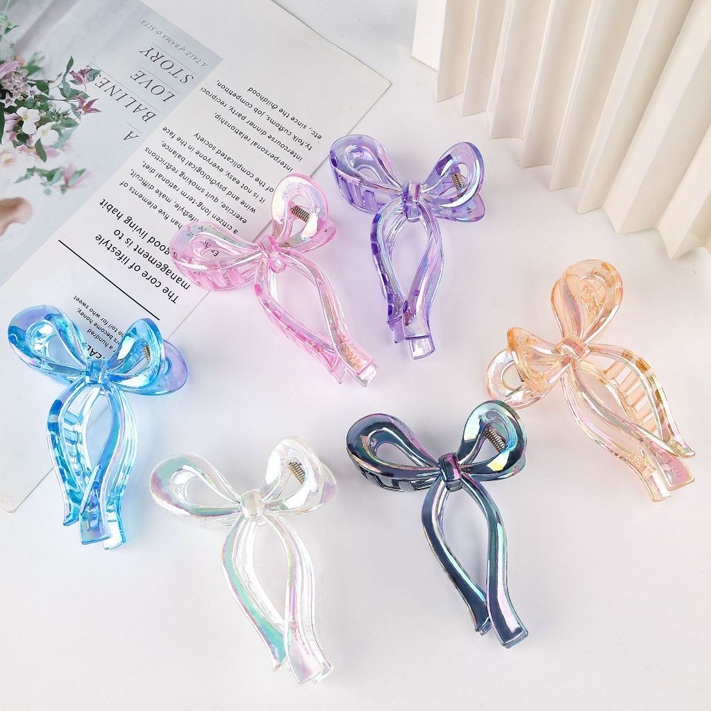Kẹp 8cm-Hoa Sứ, Kẹp Tóc Càng Cua Hình Nơ Hologram Ngọt Ngào Phong Cách Hàn Quốc
