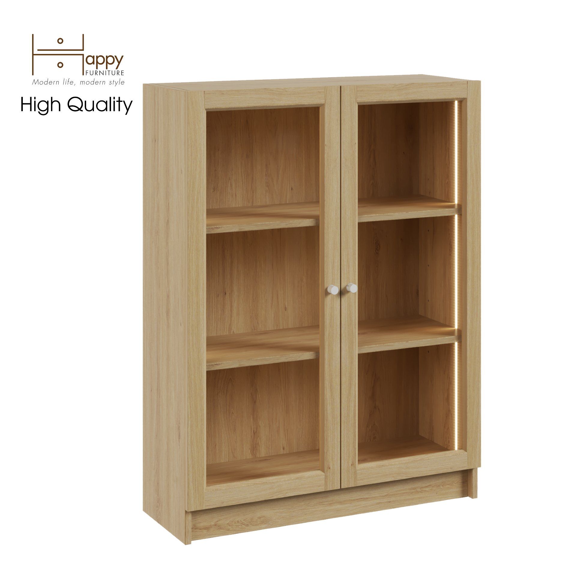 HAPPY FURNITURE , kệ sách 3 tầng cửa kính tích hợp đèn LED - CATY , KSA_012_LED , 80cm x 30cm x 106cm